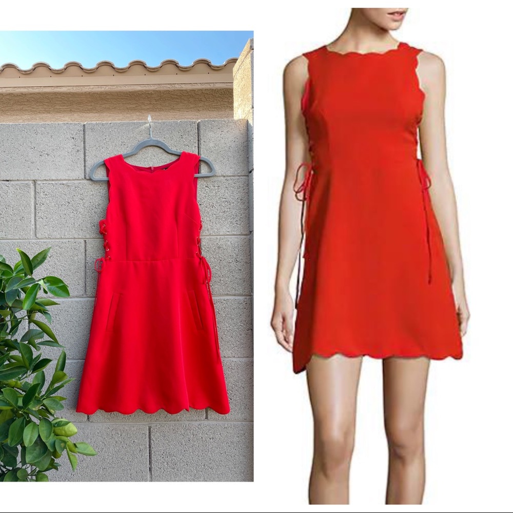 FEW MODA Red Scalloped Lace Up Waist Scalloped A Line Sleeveless Mini Dress M